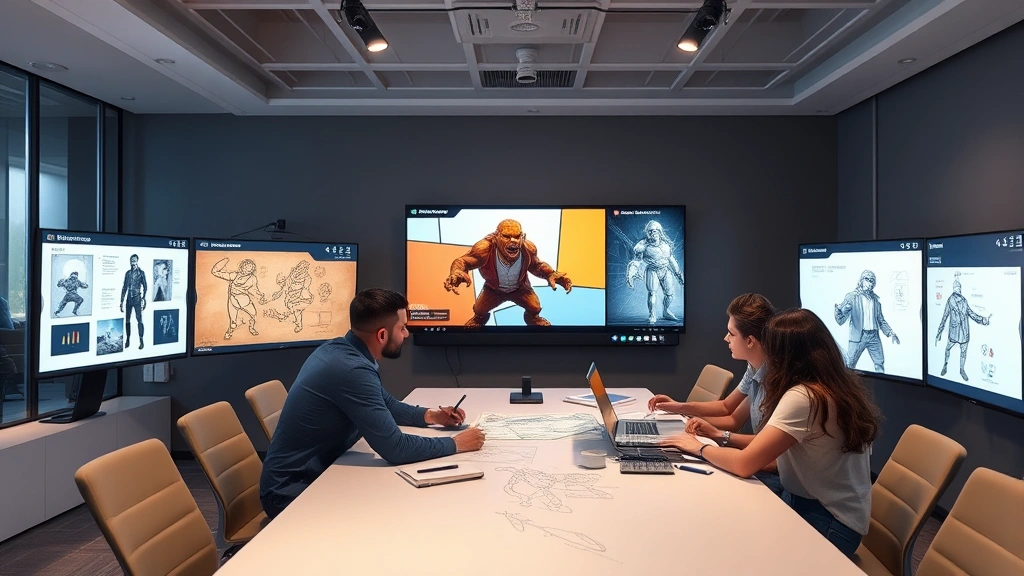 Game development team meeting in a modern conference room reviewing character design concepts on large displays, collaborative professional environment with design sketches visible