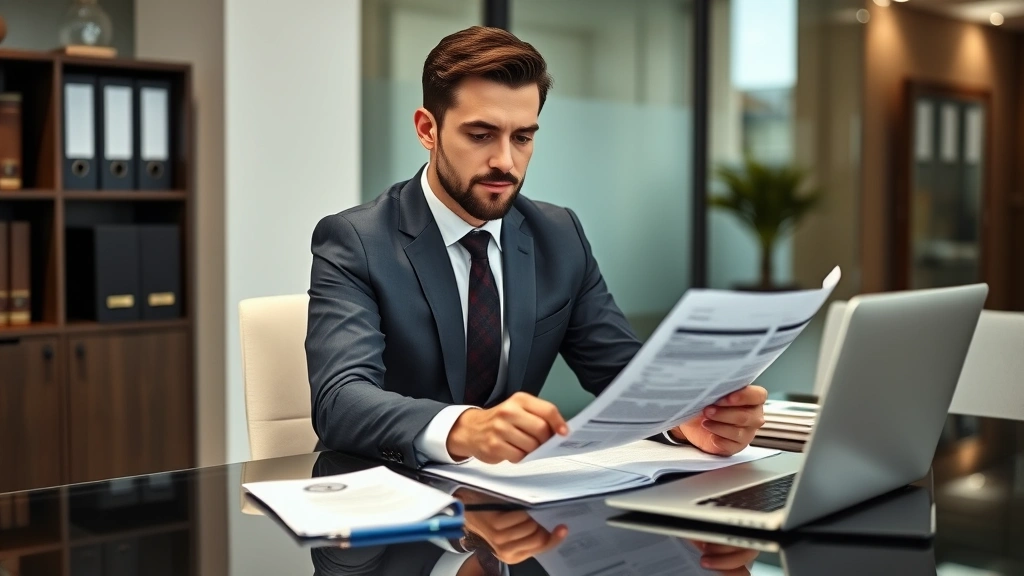 Professional male attorney in business suit reviewing economic documents at modern office desk with laptop and legal files, confident focused expression, contemporary law office environment