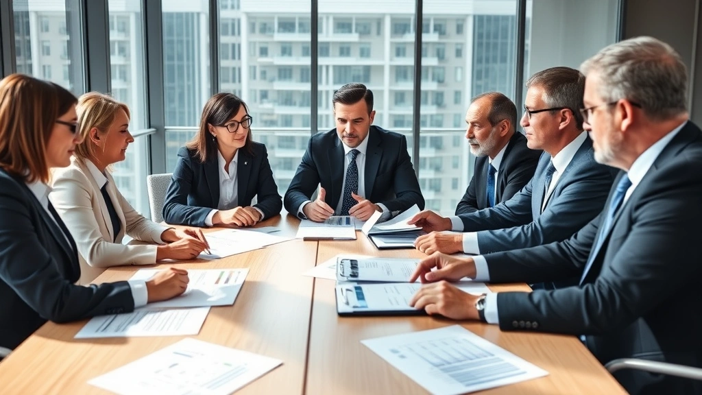 Diverse group of business professionals and lawyers collaborating around conference table during merger review meeting, analyzing financial reports and regulatory documents, natural daylight