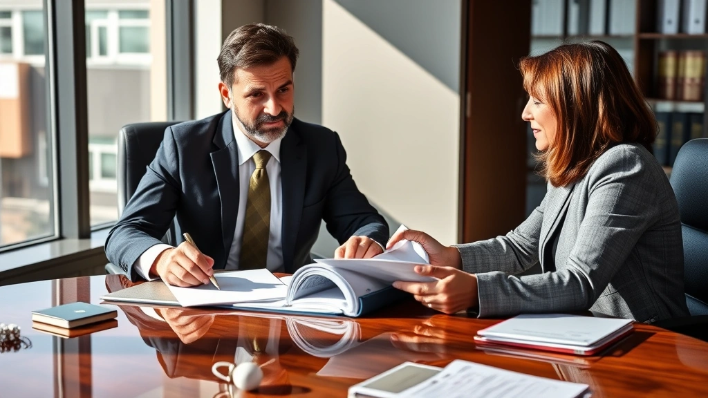 Professional Los Angeles personal injury attorney in modern office setting reviewing case files with client across polished desk, natural window light, confident and empathetic demeanor, contemporary office environment