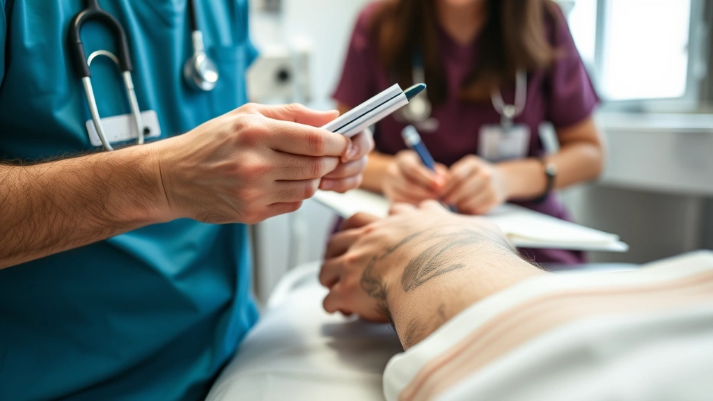 Close-up of injured person receiving medical examination and treatment documentation in hospital or clinic setting, healthcare provider taking notes, focus on professional medical care and record-keeping