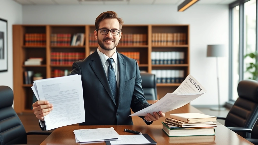 Confident attorney presenting evidence and case materials in professional law office boardroom, organized legal documents and case folders visible, strategic planning atmosphere, modern legal workspace