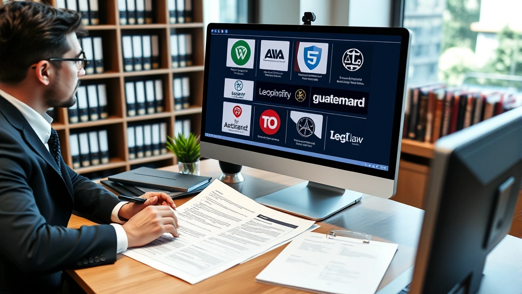 Professional lawyer reviewing trademark documents and brand guidelines at desk with computer monitor displaying trademark logos and legal files, modern office setting with law books in background