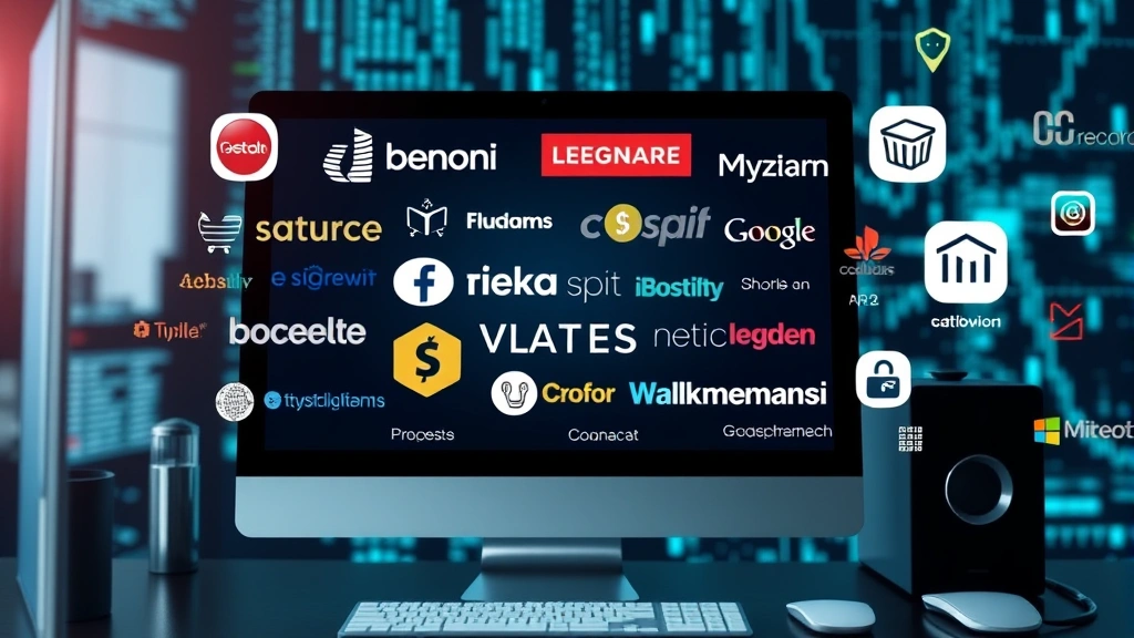 Digital representation of trademark infringement concept showing overlapping brand logos, domain names, and e-commerce marketplace icons on computer screen, cybersecurity visualization