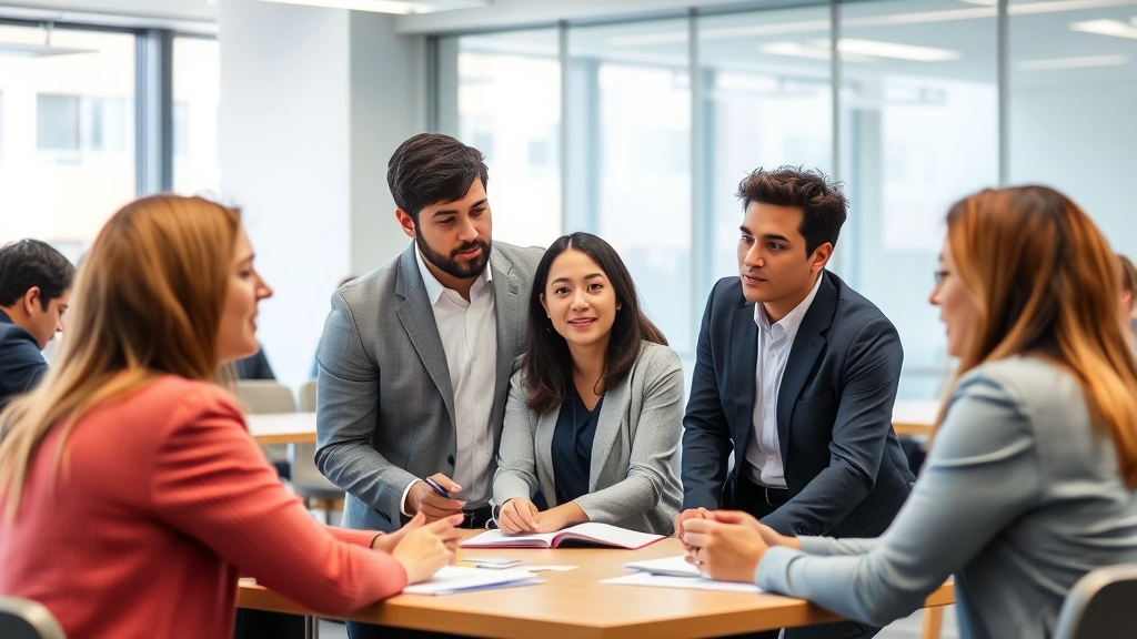 Professional law students engaged in a classroom discussion or legal simulation exercise, demonstrating active learning and collaboration in a modern educational setting