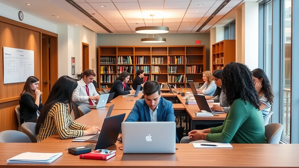 Law school clinic reception area or student workspace showing diverse students working on legal matters, representing practical legal work and community service