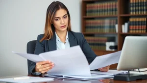 Professional female employment lawyer in business attire reviewing documents at her office desk with law books visible in background, confident and focused expression