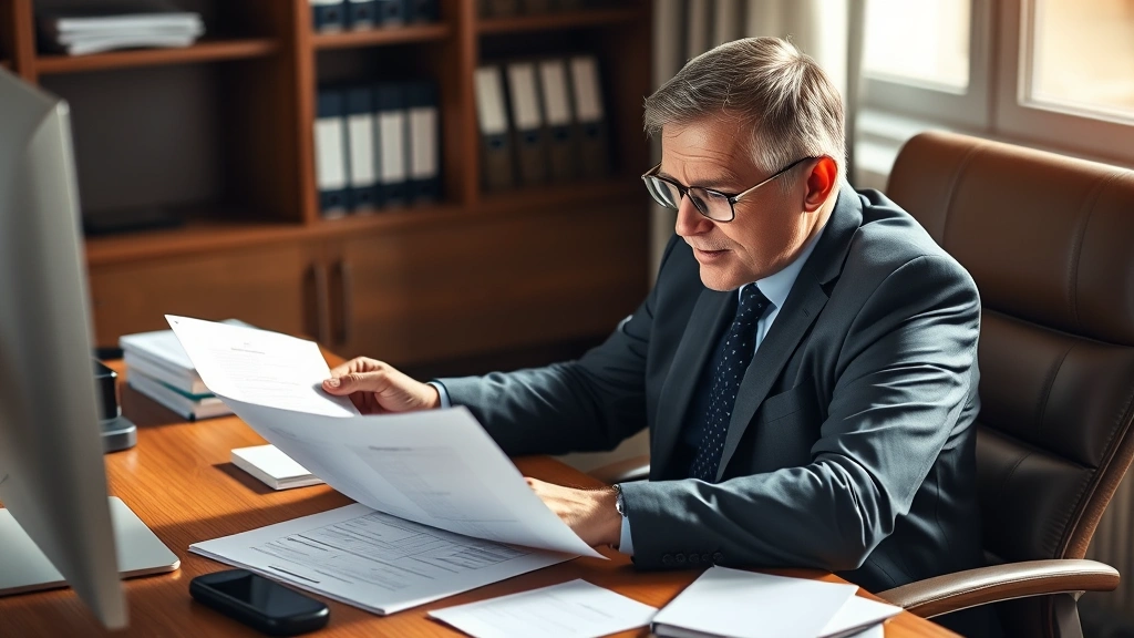 Professional lawyer in business suit reviewing pension plan documents at wooden desk with computer, natural office lighting, focused expression