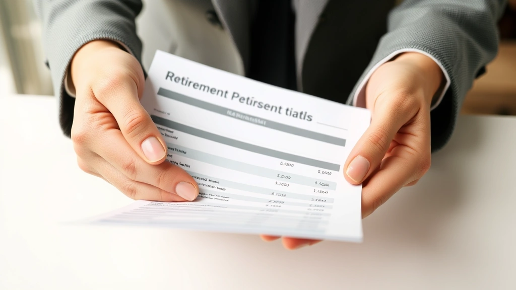 Close-up of hands holding retirement benefit statement and pension plan paperwork, neutral background, professional setting with soft lighting
