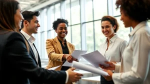 Professional diverse law students networking at a modern conference hall with laptop and papers, shaking hands and smiling, natural lighting through large windows