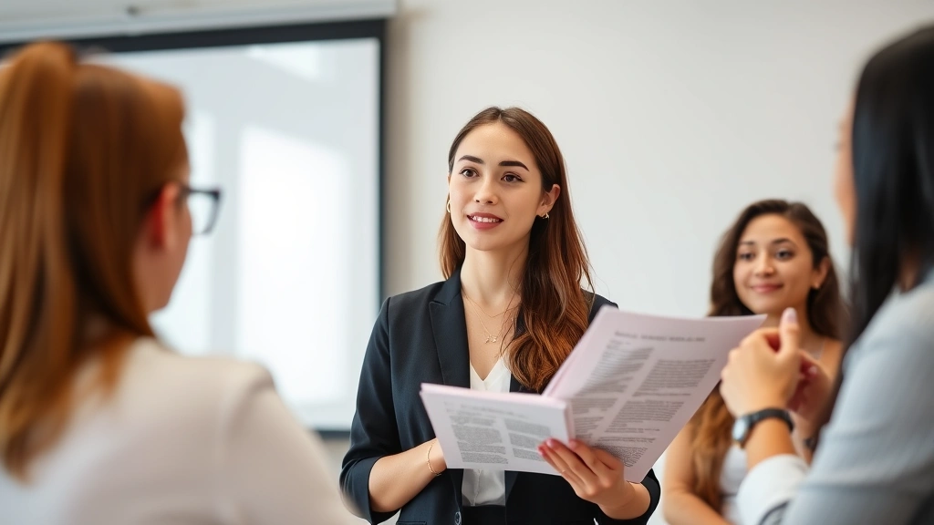 Young woman law student presenting legal research at a professional seminar with colleagues listening attentively in background, modern office setting with presentation screen