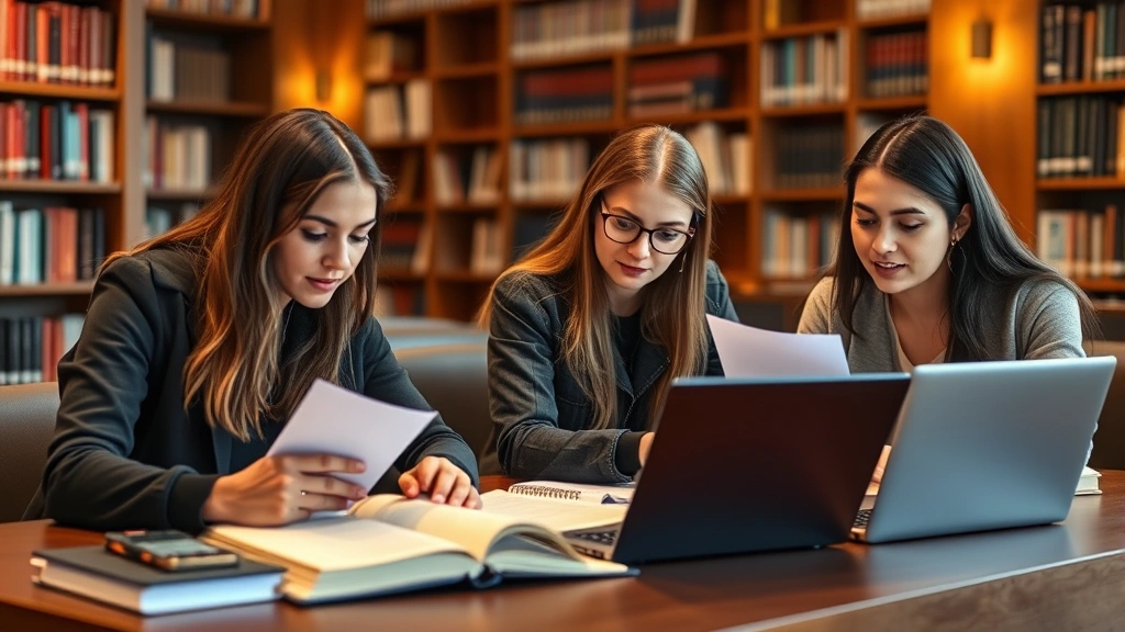 International group of law students studying together at a library desk with legal documents and laptops, focused expressions, warm ambient lighting