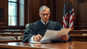 Professional judge in formal robes sitting at wooden bench in courtroom, studying legal documents, natural lighting, serious expression, American flag in background, photorealistic