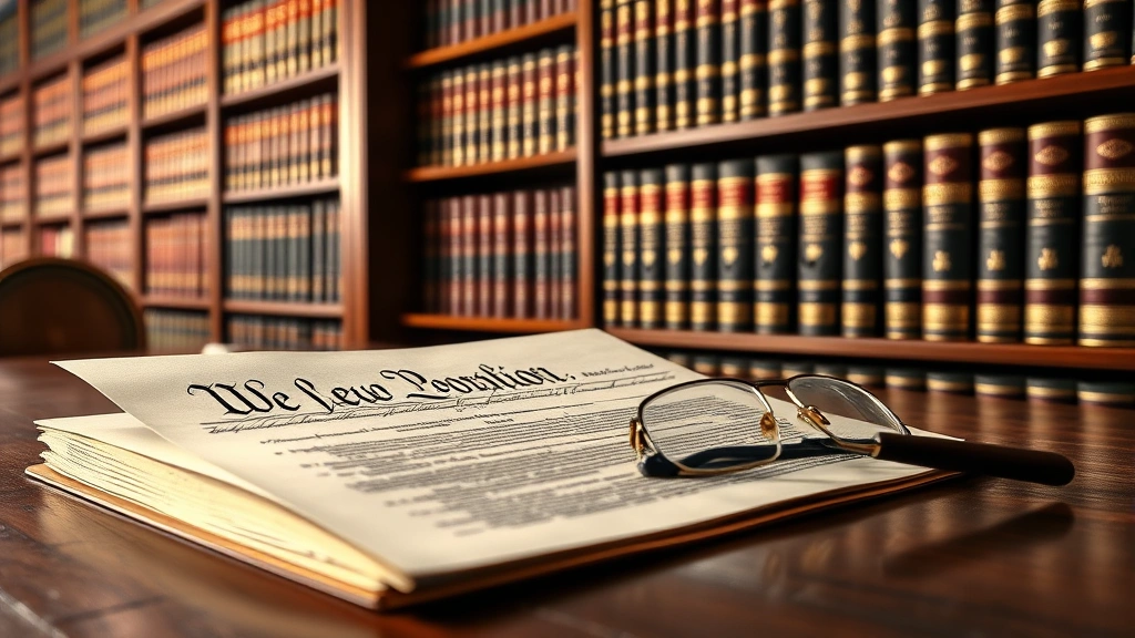 Law library with leather-bound legal volumes and books on shelves, close-up of Constitution document on wooden desk with reading glasses, warm professional lighting, photorealistic