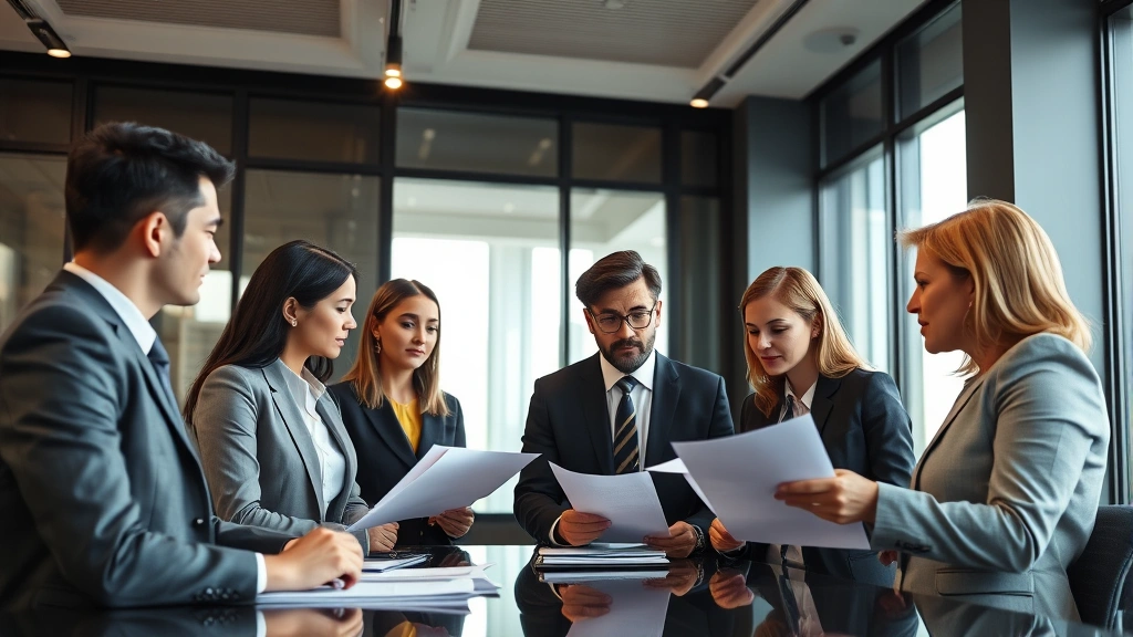 Diverse group of attorneys in business attire having discussion in modern law office conference room, reviewing documents, professional setting, natural window lighting, photorealistic