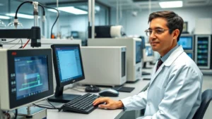 Professional thermodynamics laboratory with precision instruments measuring heat transfer, scientist in white coat at workstation with digital displays and glass equipment, modern facility setting, clear professional atmosphere