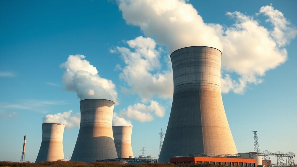Industrial power plant cooling towers releasing steam into sky, demonstrating heat engine operation and entropy in real-world applications, daytime photograph, clear industrial landscape with multiple towers