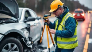Professional accident reconstruction expert examining vehicle damage at collision scene, measuring distances with specialized equipment, wearing high-visibility safety gear, detailed analysis of impact zone with debris