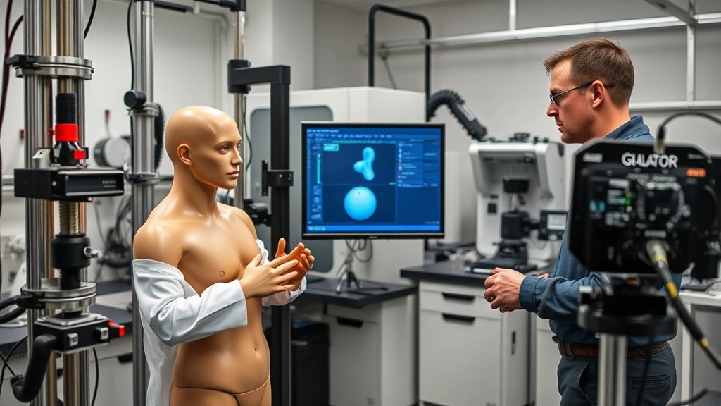 Biomechanical engineer demonstrating force analysis using mannequin and impact testing equipment in laboratory setting, professional environment with technical instruments, focused expert analysis