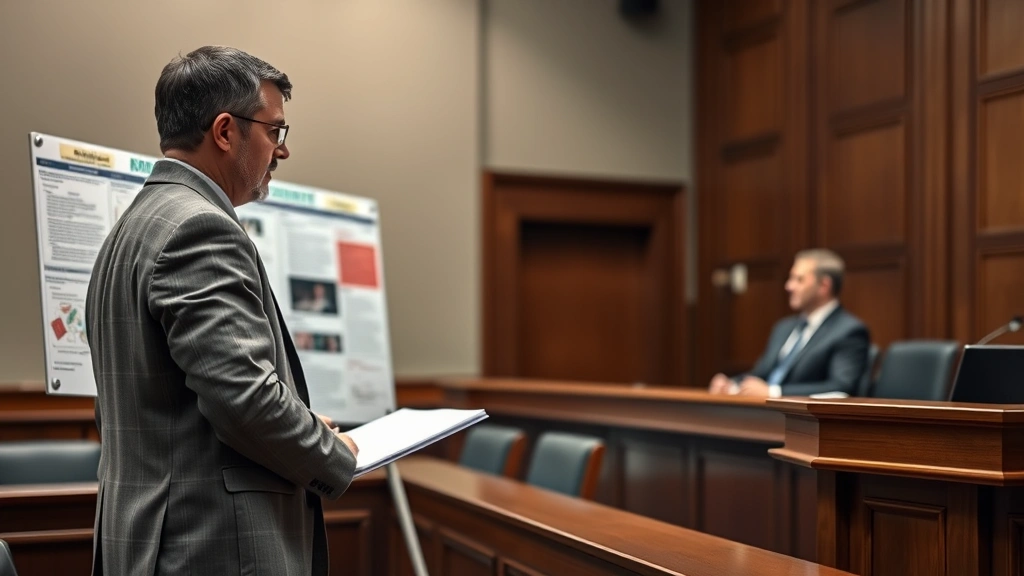 Courtroom expert witness presenting technical evidence to judge, professional attire, pointing at demonstrative evidence board, authoritative presentation of scientific findings