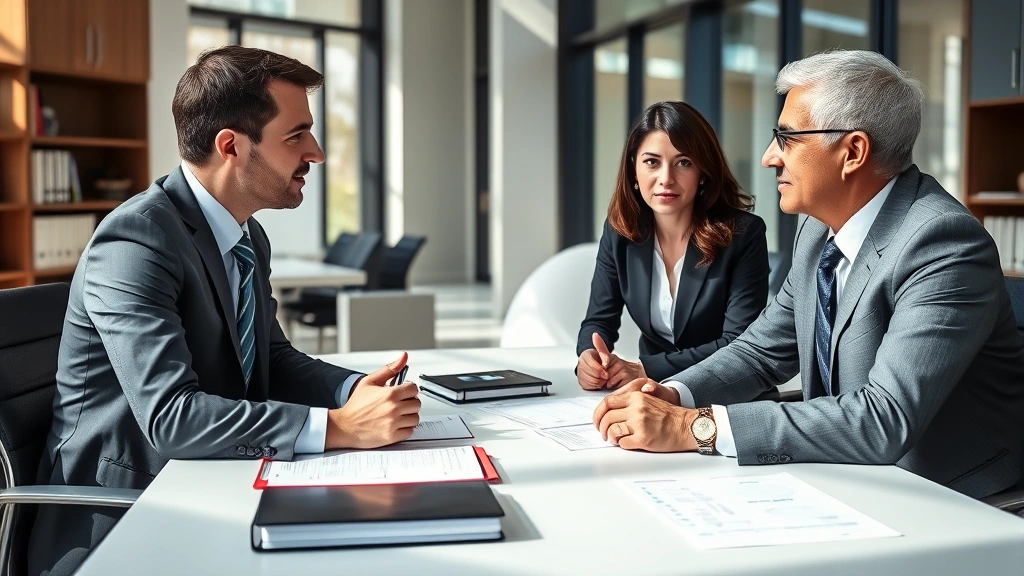 Professional legal consultation meeting between attorney and client in modern law office, serious discussion with documents on desk, natural lighting through windows, both parties engaged in conversation