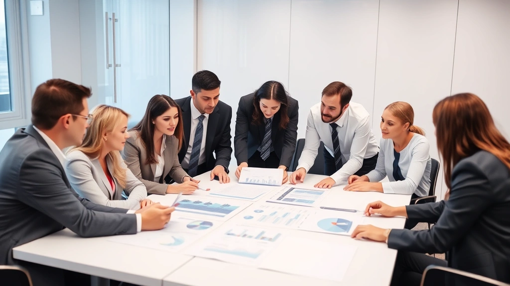 Diverse group of professionals in business attire in corporate conference room, reviewing documents and charts on table, collaborative problem-solving environment, modern office setting