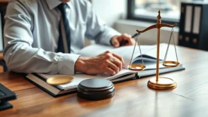 Professional lawyer reviewing contract documents at wooden desk with law books and scales of justice in soft office lighting, representing contract law equilibrium