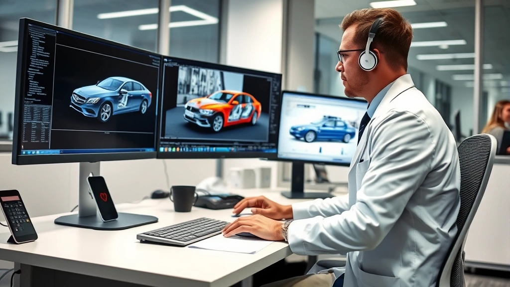 Professional biomechanical expert analyzing collision data on computer workstation with accident reconstruction software visible on multiple monitors in modern office setting