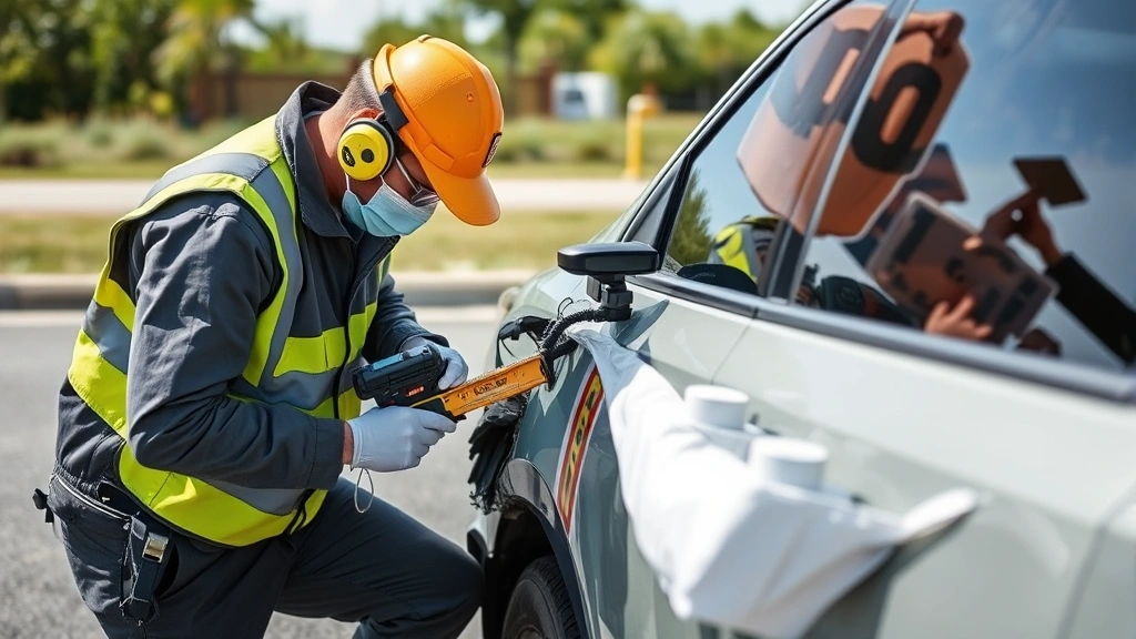 Accident scene investigator measuring impact damage on vehicle using specialized tools and equipment, demonstrating forensic analysis techniques in daylight at outdoor location
