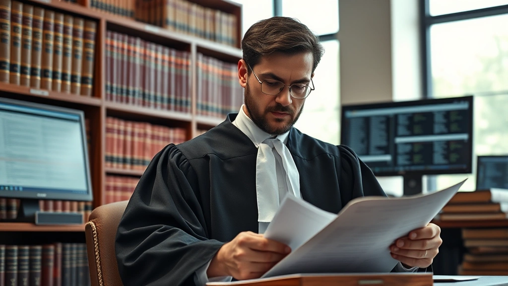 Professional judge in formal robes reviewing legal documents in a modern law library, surrounded by leather-bound case law books and digital screens showing legal research databases, serious contemplative expression, natural lighting from large windows, photorealistic