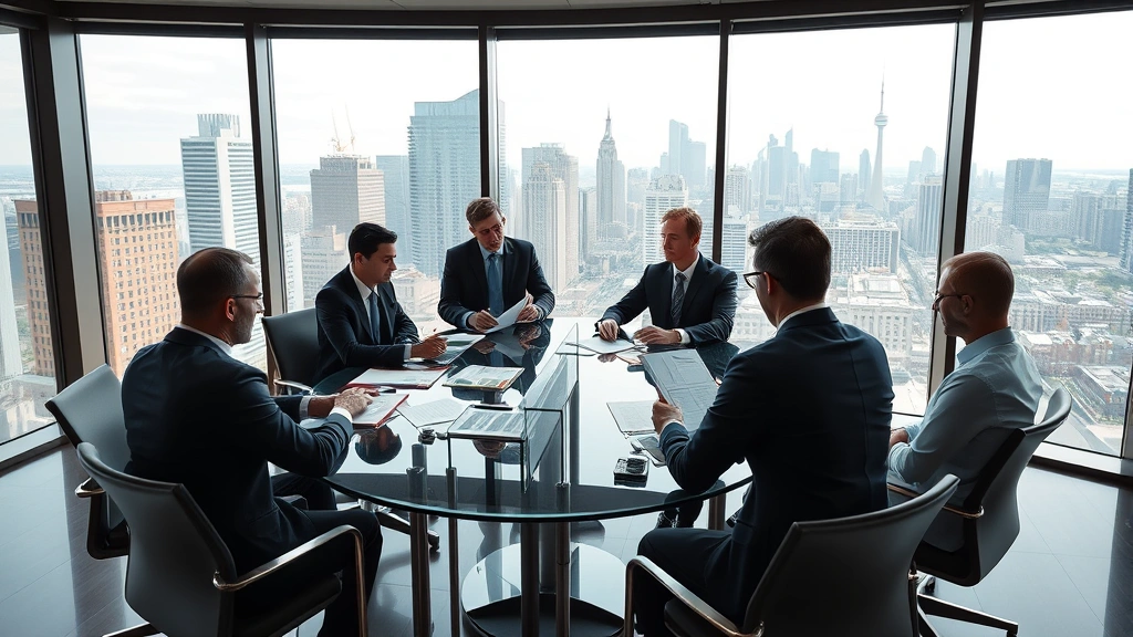 Modern law firm conference room with multiple attorneys in business attire reviewing case files and discussing strategy around glass table, large windows overlooking city skyline, professional collaborative atmosphere, photorealistic