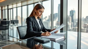 Professional female attorney in business suit sitting at modern glass desk reviewing legal documents and case files in contemporary law office with city skyline visible through windows