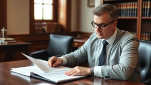 Professional middle-aged man in business attire reviewing legal documents at a wooden desk in a law office, serious focused expression, natural lighting from window