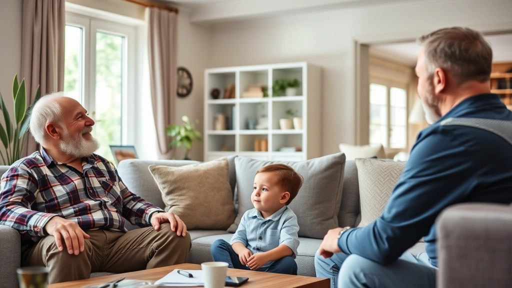 Three generations of men having a casual conversation in a bright living room, grandfather with adult son and young boy, warm family moment, genuine interaction