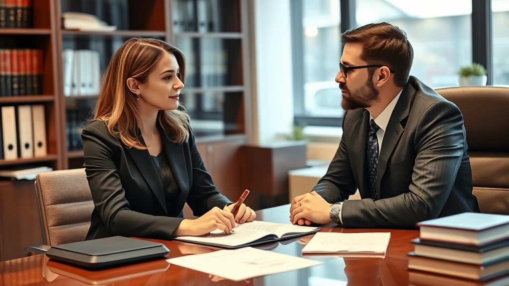 Female lawyer in professional suit discussing case strategy with male client at office desk, papers and law books visible, confident authoritative demeanor