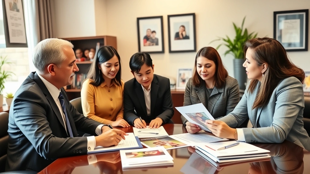Professional legal meeting between attorney and Spanish-speaking family members discussing documentation at desk with family photos, formal office setting, natural lighting