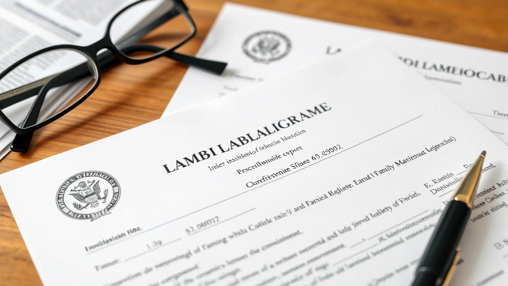 Close-up of notarized legal documents with family relationship information, official seals, and bilingual text on wooden desk with reading glasses