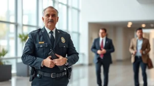 Professional federal law enforcement agent in business attire conducting community outreach, standing in modern office building lobby with neutral background, serious authoritative expression, daytime lighting