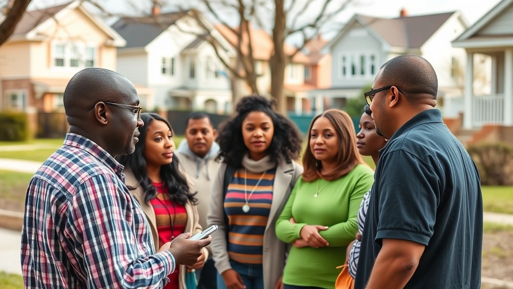 Diverse group of community members in residential neighborhood setting discussing legal rights and protections, outdoor daylight scene with houses visible but not identifiable, engaged conversation posture, representing civic education