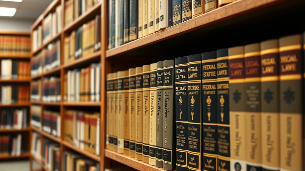 Law library with legal reference books and federal statute volumes on shelves, professional workspace with documents and legal materials, close-up of constitutional law references, neutral institutional background, focused on knowledge and legal expertise