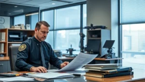 Professional FBI special agent at desk reviewing case files and evidence documentation in modern federal office setting with law enforcement equipment visible