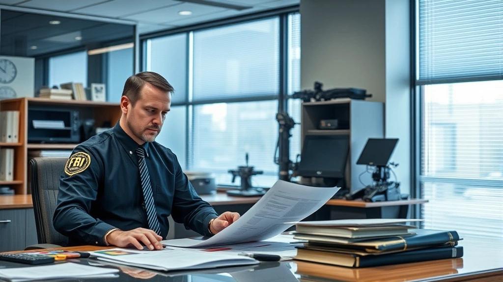 Professional FBI special agent at desk reviewing case files and evidence documentation in modern federal office setting with law enforcement equipment visible