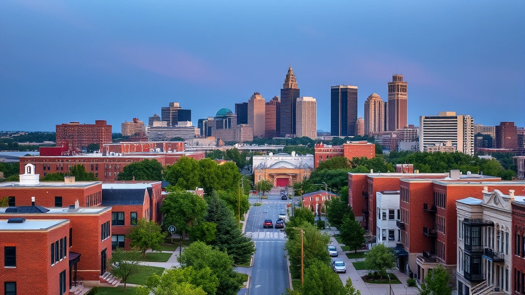 Dayton Ohio skyline and neighborhood street with mixed residential and commercial buildings representing community where federal law enforcement operates
