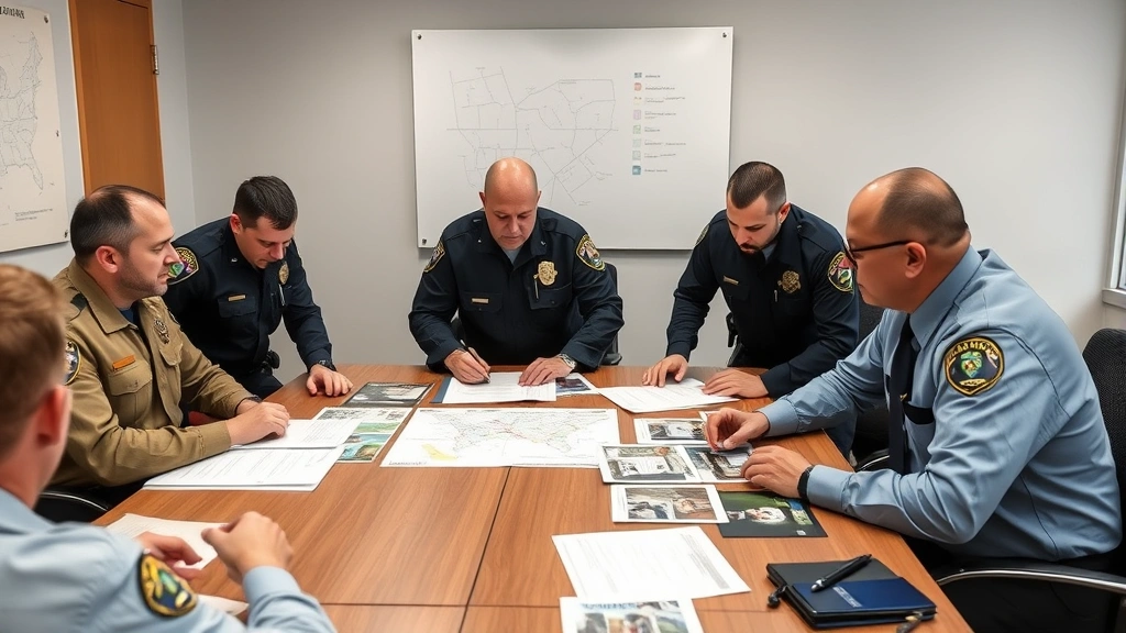 Law enforcement officers from different agencies collaborating at joint task force meeting with maps, photos and investigative materials on conference table
