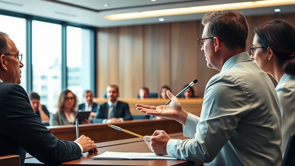 Professional courtroom scene with attorney presenting evidence to jurors, serious expressions, modern legal setting, natural lighting, high-quality photography