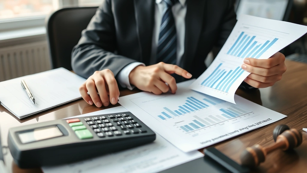 Lawyer in business suit analyzing charts and graphs on a desk with calculator and legal documents, focused concentration, office environment, professional atmosphere