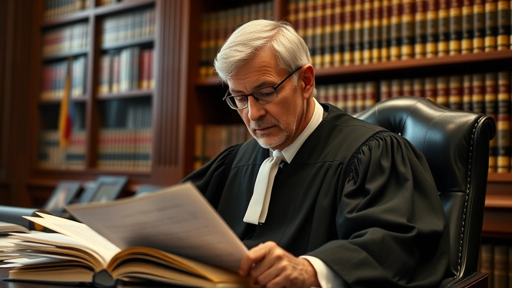 Judge in chambers reviewing case files and documents with thoughtful expression, law library background, professional judicial setting, contemplative mood