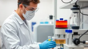 Professional scientist conducting laboratory analysis with diffusion equipment and concentration gradient samples in controlled environment, wearing protective gear