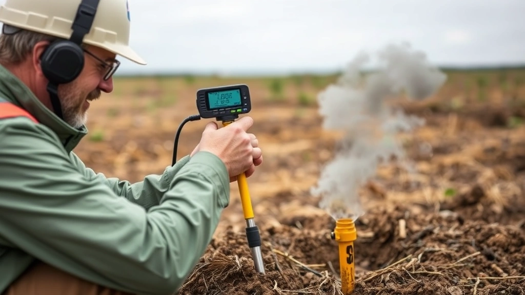 Environmental expert measuring groundwater contamination levels in soil core samples with specialized testing equipment in field conditions, geological survey documentation visible