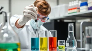 Professional scientist in laboratory conducting diffusion experiment with colorful solutions in glass containers showing concentration gradients, wearing protective equipment, focused on precise measurement